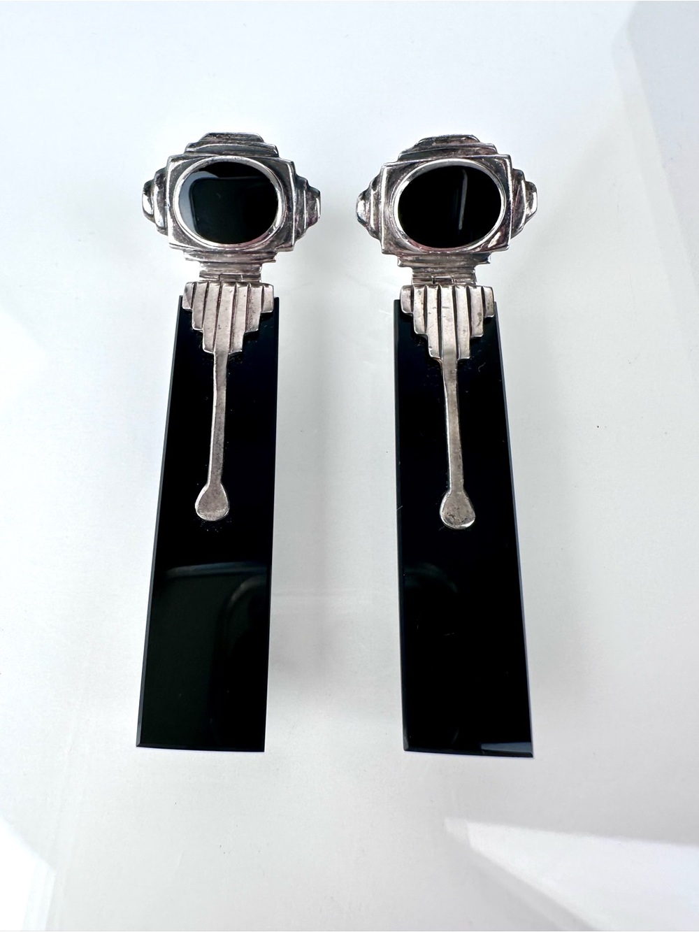 Vintage 925 Sterling Silver Black Onyx Art Deco Architectural Earrings - Picture 2 of 12